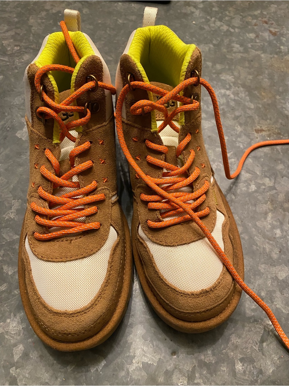 UGG Brown Suede & Cream Casual Combat Boots with Orange Laces